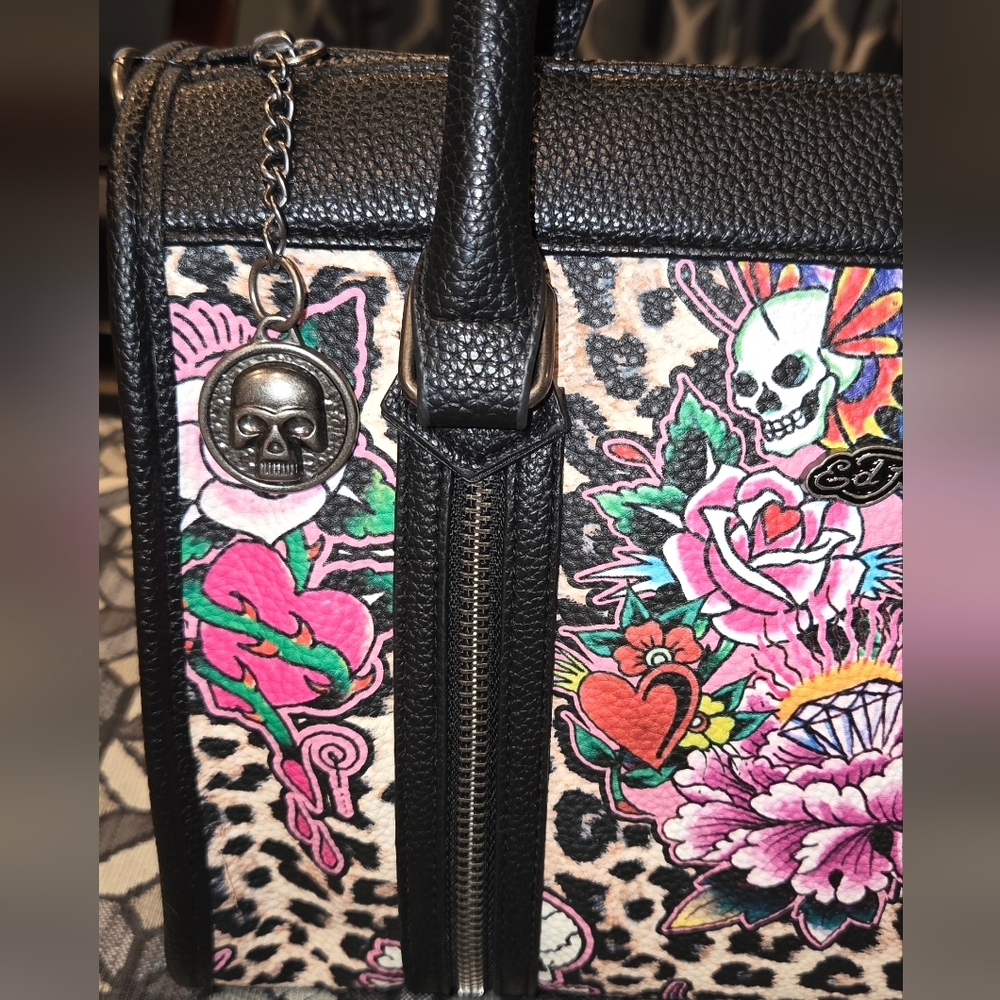 Ed Hardy Satchel Bag In Cheetah with Floral Skull Design, NWT - Picture 3 of 8